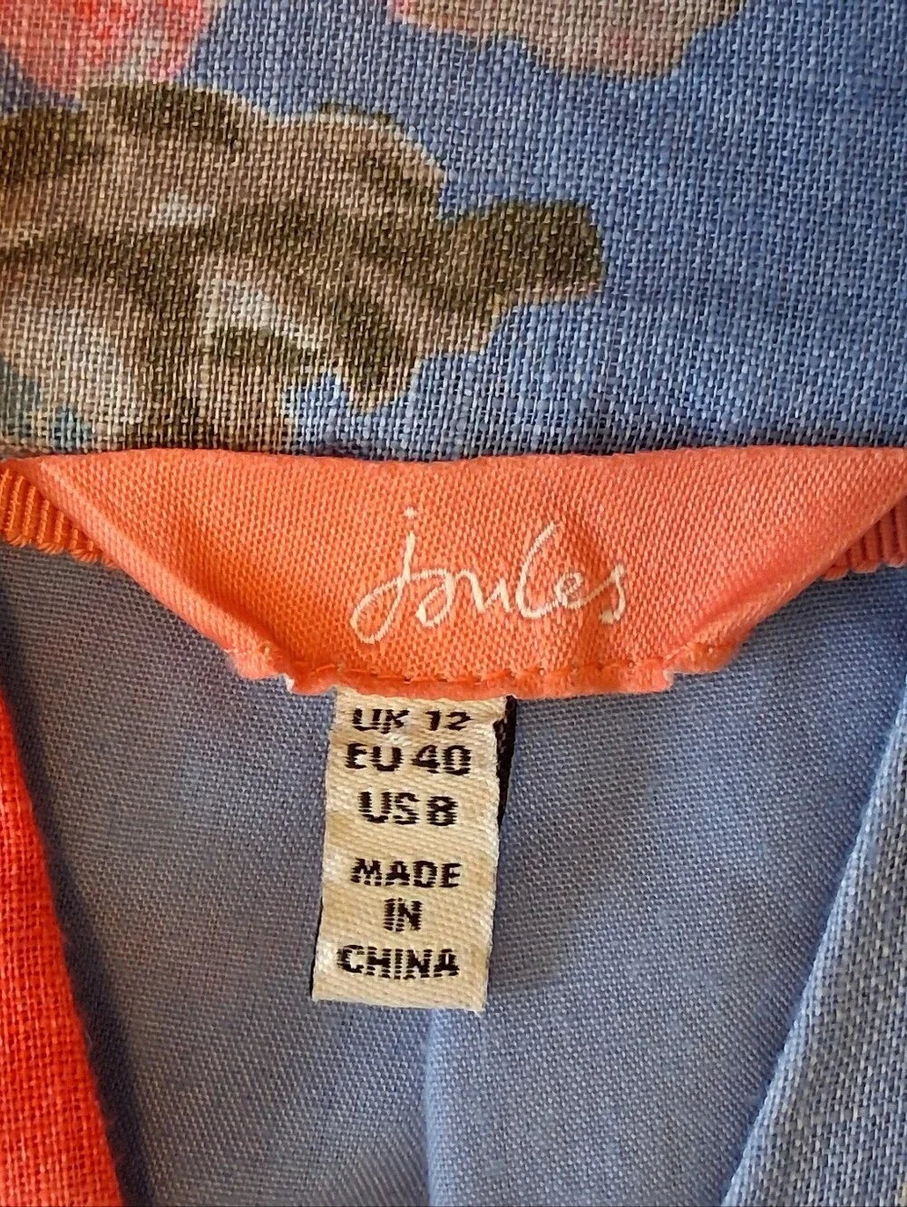 Joules Lisia Flax Linen Floral Print Sleeveless Dress Sz US 8 Blue Red